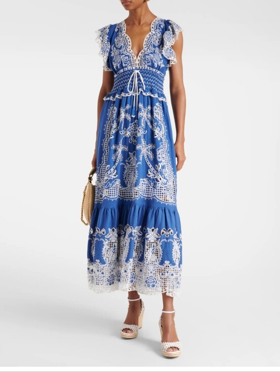 FARM Rio Dresses & Skirts - Farm Rio Boho Lace-Trim Maxi Dress Womans M Blue & White Eyelet